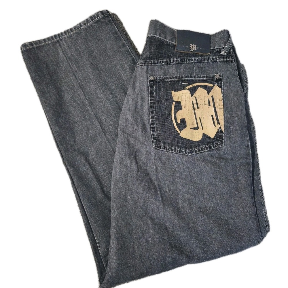 VTG Y2K Makaveli Jeans Baggy 36 Grunge Skater Tupac 90s Rap Black Dark Wash